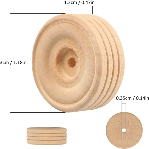 Vista 2 de Ruedas de madera, 100 unidades, 1.18 pulgadas, ruedas de madera con agujero de 0.14 pulgadas, perfectas para proyectos de carros de madera