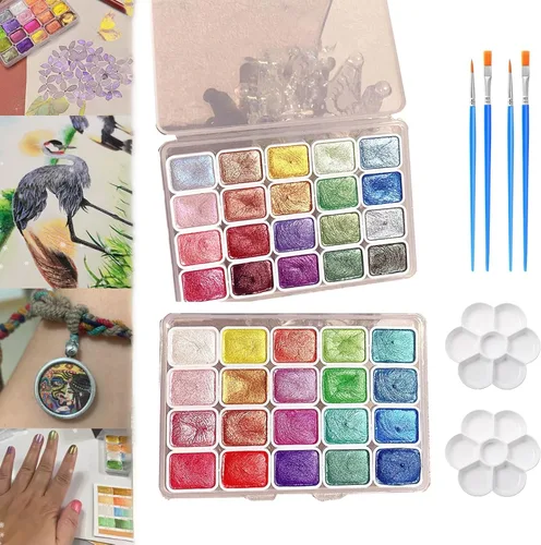 Juego de pintura de acuarela de 20 colores, juego de pintura de acuarela metálica, pintura de acuarela nacarada, pintura de acuarela con purpurina,