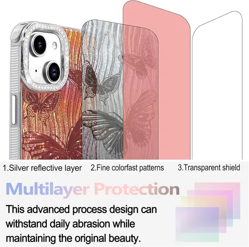 Vista 327 de I-MGAE-IN-AR - Funda diseñada para iPhone 12 y 12 Pro, diseño de mariposa plateada brillante, funda protectora de poliuretano termoplástico, suave