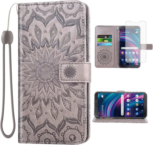 Vista 9 de Asuwish Funda para teléfono BLU View 3 B140DL con protector de pantalla de vidrio templado y piel de girasol, delgada, soporte para tarjetas Azul