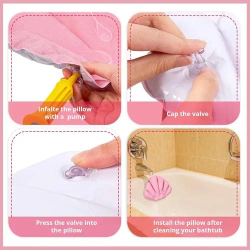 Vista 6 de Almohada inflable de baño de 3 piezas con ventosas, cubierta de tela de rizo en forma de concha para bañera o spa, cojín cómodo y suave, soporte