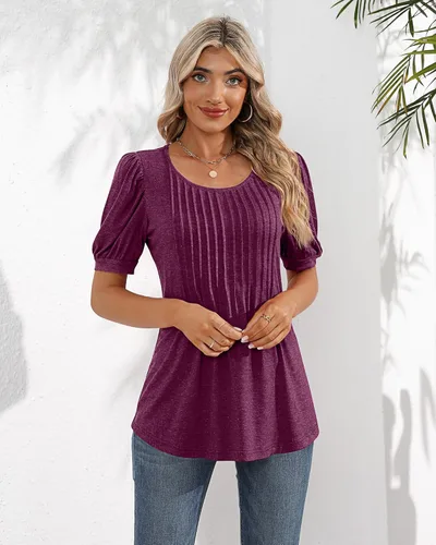 Vista 7 de Ficerd Blusa plisada de manga corta abombada para mujer, cuello redondo, elegante, casual, holgada, para primavera y verano