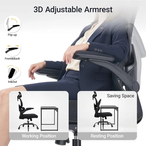 Vista 6 de Silla de oficina ergonómica con reposabrazos abatibles, soporte lumbar ajustable, silla de computadora con respaldo de malla transpirable, sillas