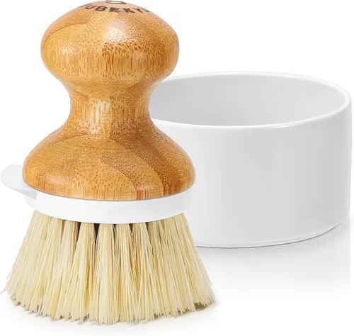 SUBEKYU Cepillo de Bambú para Platos, Cepillo Fregador de Platos de Cocina con Dispensador de Jabón, Cepillo Natural de Madera para Lavar