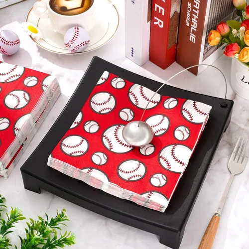 Vista 3 de AnyDesign Paquete de 80 servilletas de papel de béisbol desechables de 6.5 x 6.5 pulgadas, servilletas de almuerzo de béisbol rojas y blancas