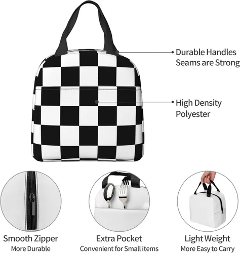 Vista 4 de Fiokroo Lonchera aislada con estampado a cuadros blancos y negros y negros, bolsa de almuerzo reutilizable para escuela, trabajo, universidad