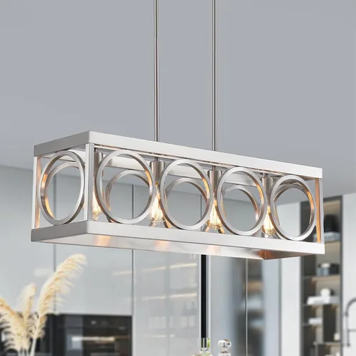 Vista 13 de XINGQI Lámpara de araña rectangular moderna, iluminación de isla de cocina de granja, accesorio de luz colgante industrial rústico de 4 luces