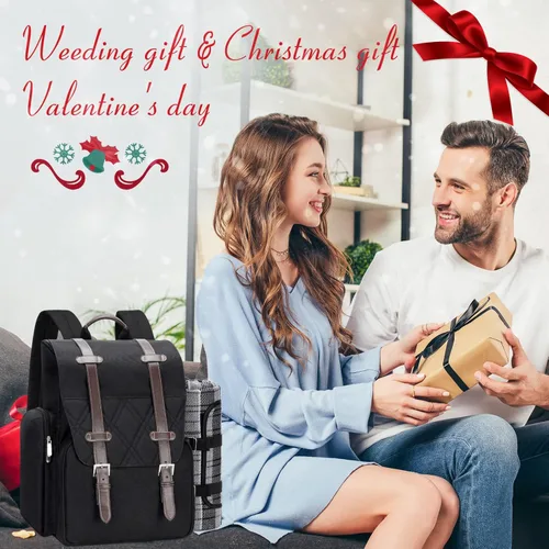 Vista 6 de Mochila de picnic para 2 personas con gran bolsa enfriadora aislada, juego de cesta de picnic con bolsa para vino, manta de picnic impermeable