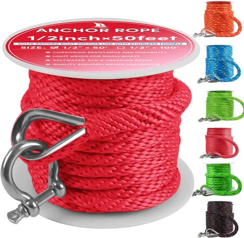 Vista 59 de Cuerda de anclaje premium de 50 pies x 1/2 pulgadas, línea de anclaje trenzada sólida MFP para barco con dedal y grillete - Negro