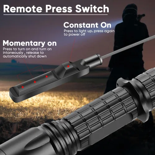 Vista 4 de Linterna Táctica de Riel Picatinny de 5000 Lúmenes - 5 Modos Luz de Rifle Recargable por USB con Interruptor de Presión - Ideal para Caza, Camping