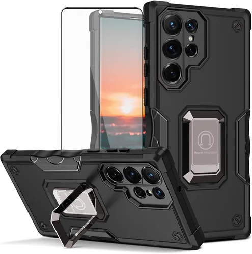 Asuwish Funda de teléfono para Samsung Galaxy S23 Ultra 5G con protector de pantalla de vidrio templado y soporte de anillo rígido híbrido