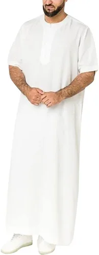 Vestido largo Thobe para hombre, vestido musulmán saudí, manga corta, caftán islámico de Oriente Medio, S-5XL (color blanco, talla M)