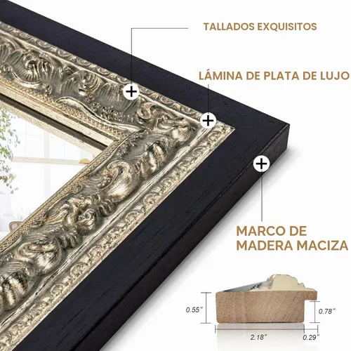 Espejo de baño vintage negro grande, 40 x 28 pulgadas, espejo de pared antiguo para tocador, marco de madera de pétalos de flores de lámina
