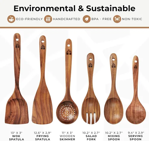 Vista 4 de Cucharas de madera para cocinar, juego de utensilios de cocina de madera, 6 piezas de madera de teca, utensilios de cocina de madera antiadherentes