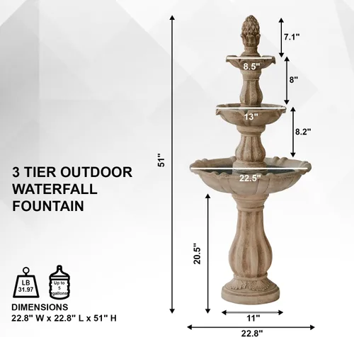 Vista 11 de XBrand Fuente de cascada independiente de 3 niveles para exteriores de 51 pulgadas con bomba y remate de piña, beige