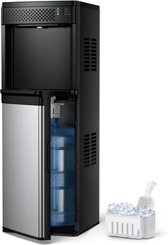 Euhomy Dispensador de agua 4 en 1 con máquina de hielo, enfriador de agua de carga inferior caliente y fría, se adapta a 3 y 5 galones, producción