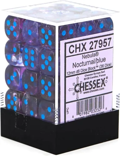 Chessex Nebula 12mm d6 Nocturnal/Blue w/Luminary Dice Block (36 dice)
