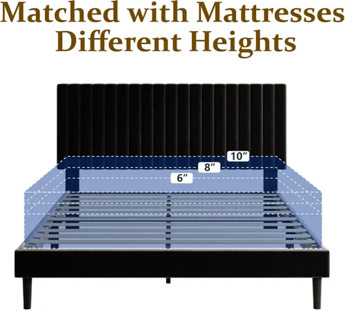 Vista 7 de Sismplly - Base de cama tamaño Full con cabecera acolchada en terciopelo, cama plataforma con listones de madera resistentes, base para colchón