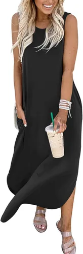 Vista 2 de ANRABESS - Vestido largo, informal y holgado para mujer, sin mangas, con bolsillos y abertura, para playa
