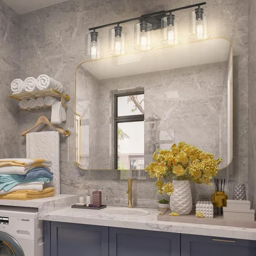 Vista 8 de Aipsun 5 luces negras para tocador sobre espejo con pantallas de vidrio transparente, lámpara industrial de pared para baño (excluye bombilla)