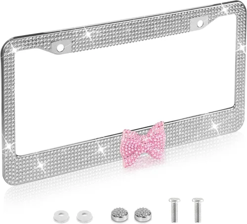 Vista 12 de Marco de matrícula con brillantes, marco de matrícula de acero inoxidable premium hecho a mano con diamantes de imitación brillantes, cristal