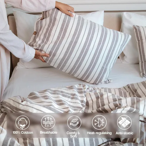 Vista 18 de Lavien Home, Juego de funda de edredón 100% algodón lavado natural a rayas, 1 funda de edredón con 2 fundas de almohada, suave y de fácil cuidado