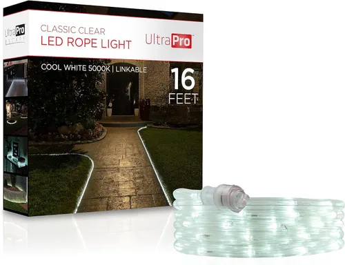 UltraPro Luces de Cuerda LED, cuerda transparente clásica de 16 pies, luz blanca fría de 5000 K, para interiores y exteriores, flexible, enlazable,