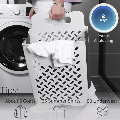 Vista 8 de Cesta de lavandería plegable de plástico con asa, cesta de lavandería de 42 litros montada en la pared, cesta de ropa sucia independiente, cestas