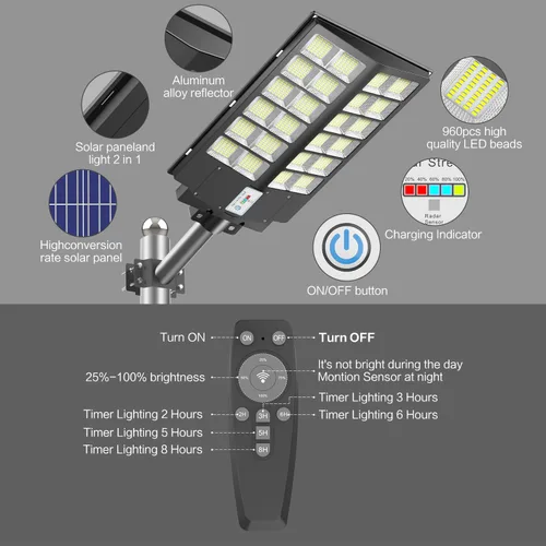 Vista 5 de Deepn Luz solar de calle de 8000 W, 480000 lúmenes, luces de inundación LED del atardecer al amanecer, sensor de movimiento al aire libre, IP66