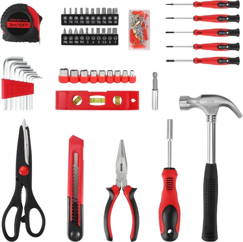 Vista 7 de Juego de herramientas rojas de 51 piezas, kit de herramientas para el hogar con caja de herramientas, caja de almacenamiento, kit de herramientas