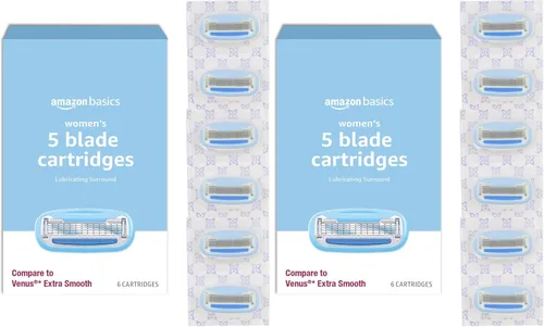 Vista 8 de Amazon Basics - Mango de navaja de afeitar de cinco hojas para mujer, incluye 12 cartuchos y colgador de ducha, set de 14 piezas, azul