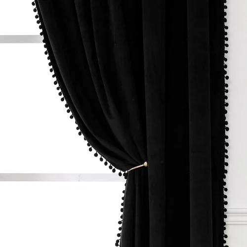 Victree Cortinas opacas de terciopelo con pompones para dormitorio, cortinas opacas de 52 x 90 pulgadas de largo, oscurecimiento de la habitación,
