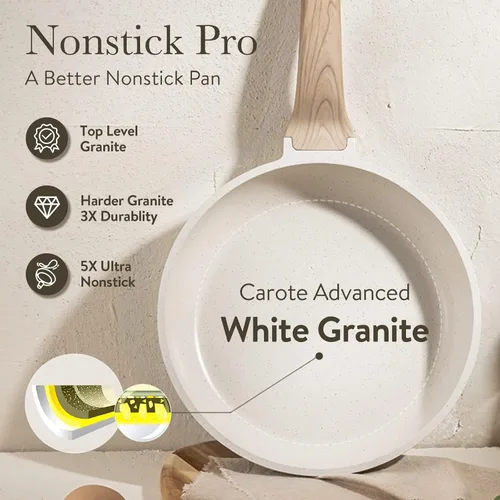 Vista 7 de CAROTE Sartén antiadherente para saltear y freír, sartén para tortillas, sartén de chef de granito no tóxica y saludable, sartén para huevos Blanco