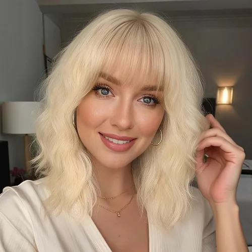 Vista 15 de Nnzes Pelucas onduladas negras con flequillo para mujer, peluca corta negra Bob sintética de aspecto natural resistente al calor fibra pelo