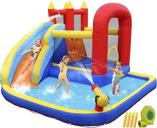 Vista 9 de JOYLDIAS Castillo inflable con tobogán acuático, casa de juegos con piscina de chapoteo, pared de escalada, aro de baloncesto y bolsa de transporte