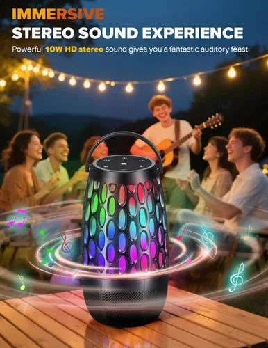 Vista 4 de Altavoces para exteriores con llama y luces RGB, estéreo HD de 10 W, emparejamiento automático Bluetooth 5.3, multisincronización de más de 100