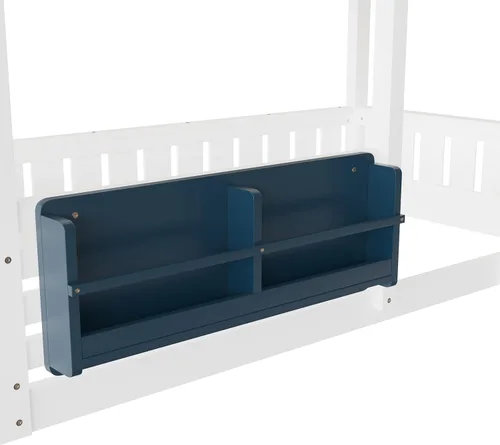 Vista 224 de Cama de casa de tamaño individual con elegantes ventanas y estantería, litera con diseño de castillo de madera con barandillas de seguridad