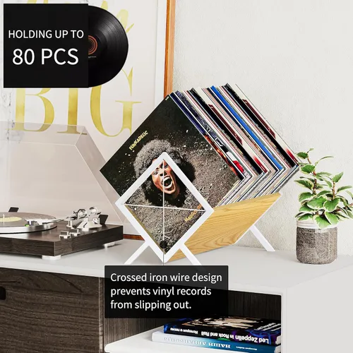 Vista 2 de YINMIT Soporte para discos de vinilo, estante de almacenamiento de discos de vinilo de 80-100 LP, pantalla de discos de vinilo de montaje rápido