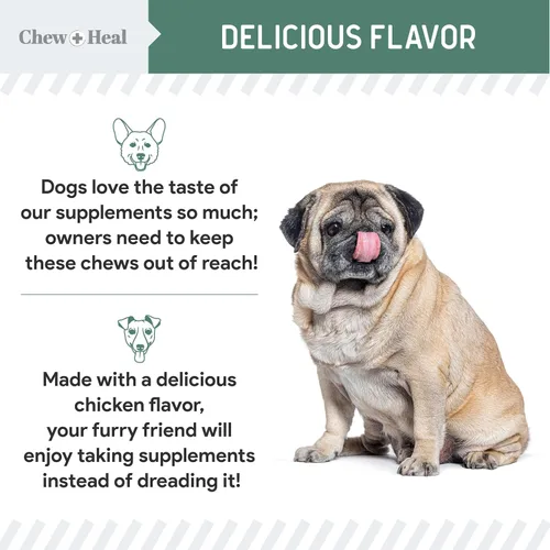 Vista 7 de Chew + Heal Labs Suplemento de glucosamina para cadera y articulaciones, 60 perros mayores, masticables suaves para movilidad, fabricados