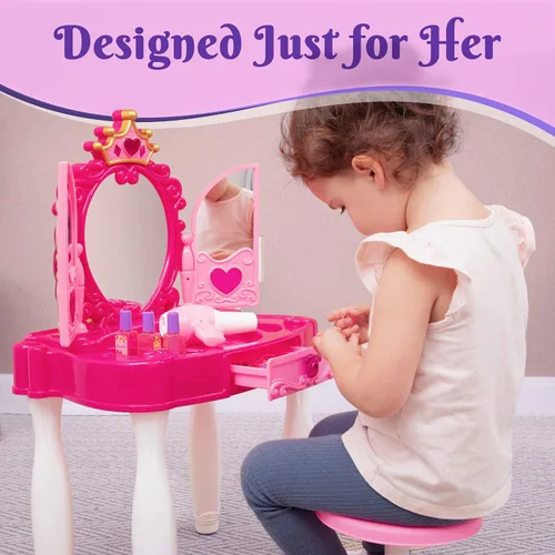 Vista 6 de Prextex Mesa de maquillaje para niños con espejo y silla, juego de princesa, mesa de maquillaje para niños con accesorios de maquillaje y efectos