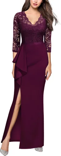 MISSMAY - Vestido largo formal de media manga con volantes y encaje floral vintage para mujer