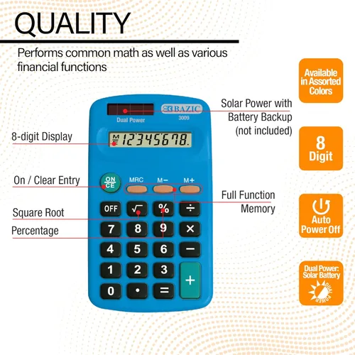 Vista 4 de BAZIC Calculadora de tamaño de bolsillo de doble potencia de 8 dígitos (el color puede variar)