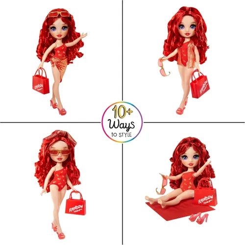 Vista 9 de Rainbow High Swim & Style Ruby, muñeca de moda roja de 11 pulgadas con envoltura brillante para peinar de más de 10 formas, traje de baño removible