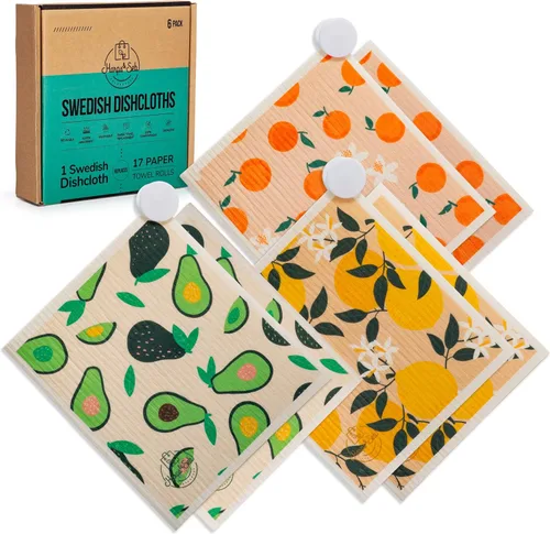 Vista 13 de Harps&Seb Paños de cocina suecos para cocina - Paquete de 6, toallas de papel reutilizables con clips, súper absorbentes, lavables, que no rayan