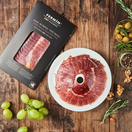 Vista 2 de Jamón ibérico de Bellota rebanado a mano (2 oz). Sin gluten por Fermin