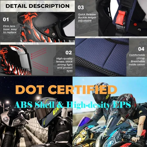 Vista 2 de HTLNUZD - Casco de motocicleta de cara completa, compatible con Pinlock, viseras transparentes y tintadas, modelo aprobado por DOT, casco de moto