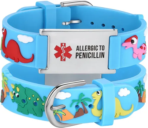 Vista 6 de LinnaLove Medical Alert ID Bracelet – Custom or Pre-Engraved, QR Code Available,Blue Dinosaur Band