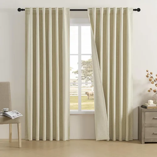Vista 9 de DUALIFE - Cortinas de lino opacas beige de 54 pulgadas de largo, con pestaña trasera y bolsillo para cortinero, cortinas estrechas para dormitorio