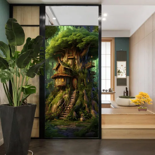 Vista 4 de Película de privacidad rústica para ventana, diseño retro de árbol de casa, vitral, bloqueo solar, control de calor, película decorativa para cubrir