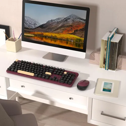 Vista 2 de Combos de teclados de computadora inalámbricos y mouse, COVEVA teclado retro colorido de máquina de escribir con teclas redondas, set de teclado